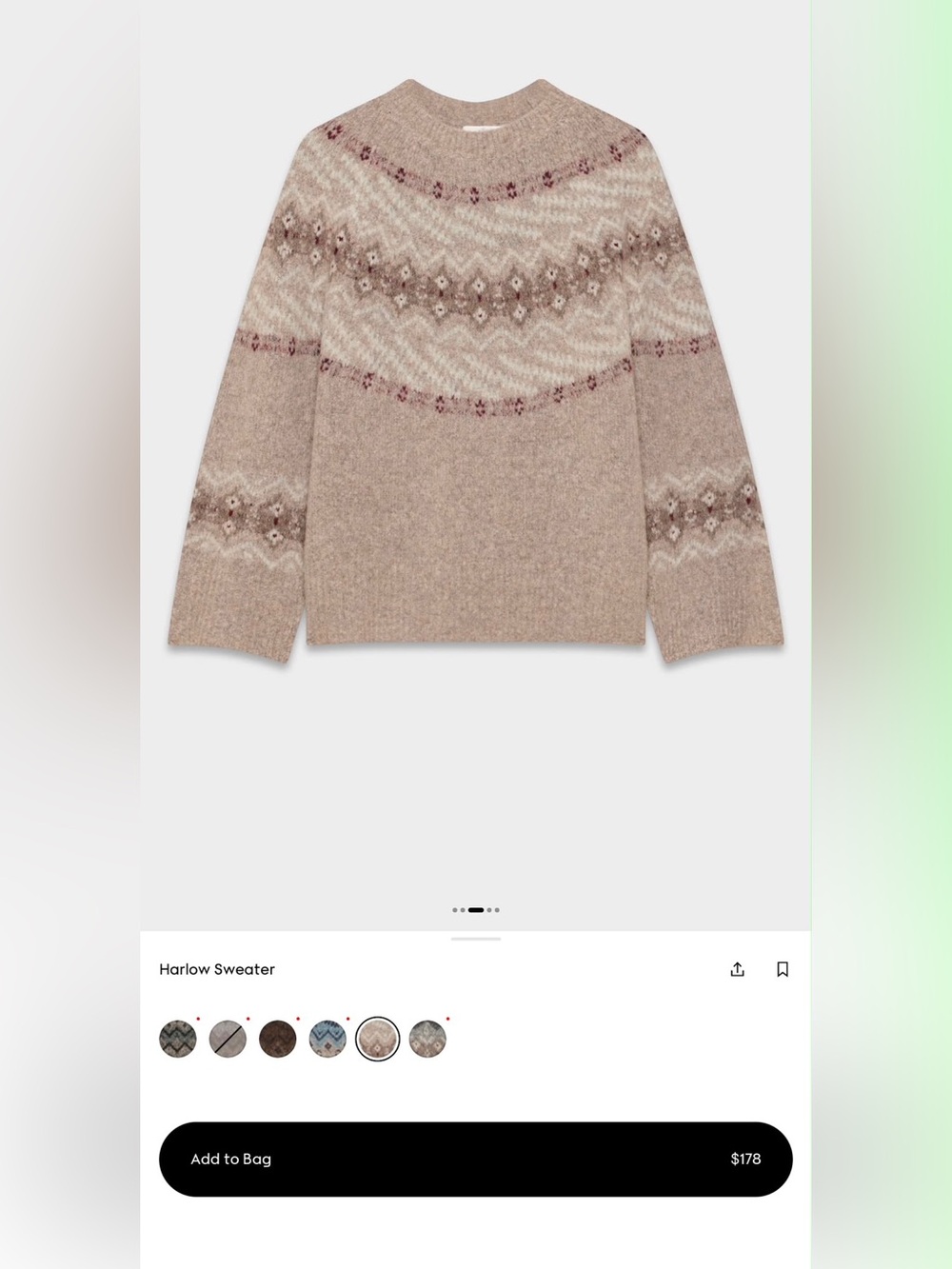 Aritzia Harlow Fair Isle Crew Sweater — Beige with Mauve Accents